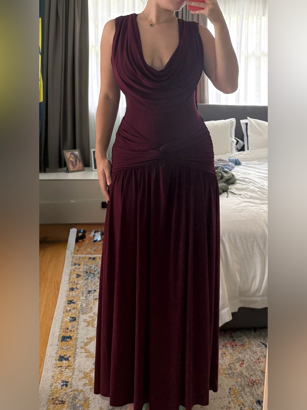Club London Sleeveless Cowl Neck Maxi Dress in Deep Burgundy with Scarf Detail